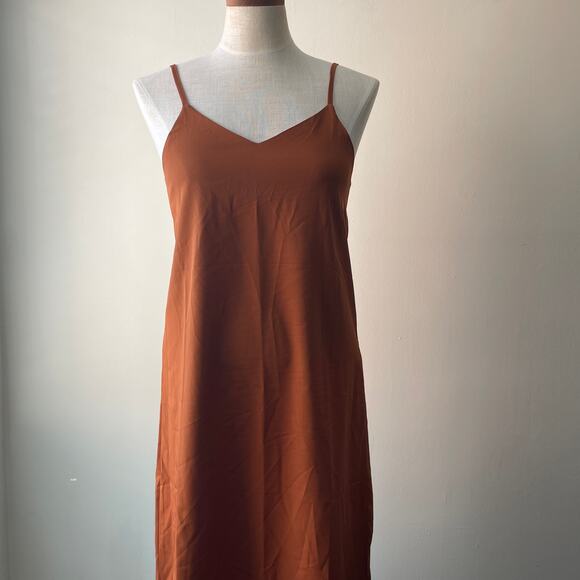 The Open Satin Silky Spaghetti Strap V-Neck Midi Dress in Burnt Orange -S - Picture 9 of 12